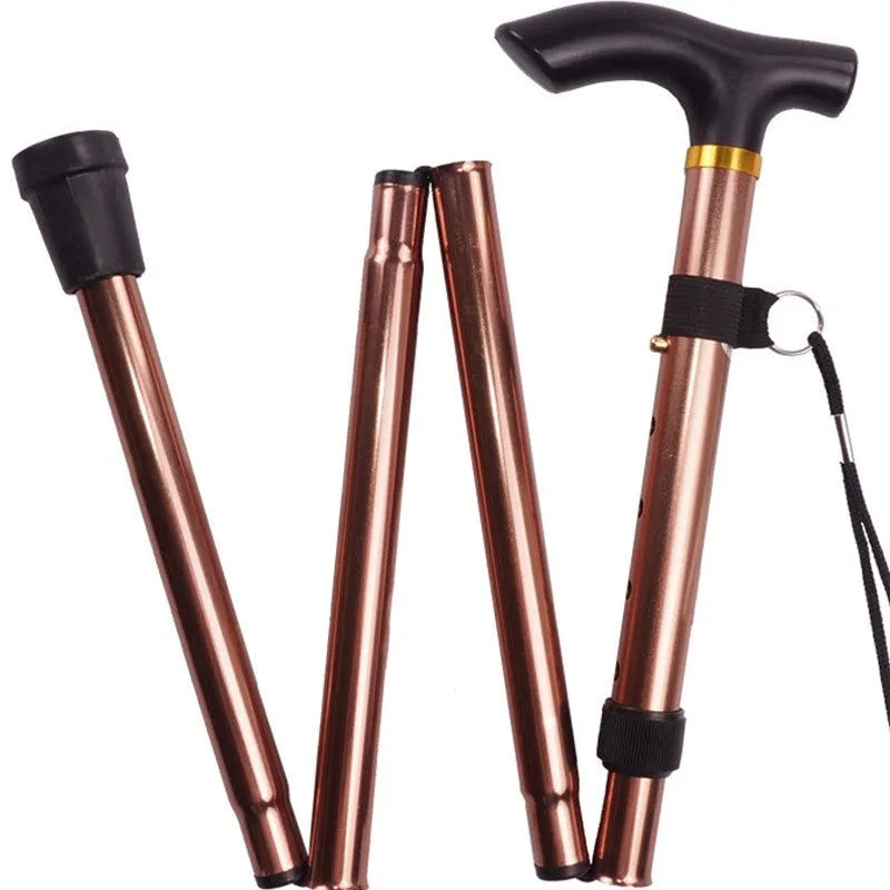 Adjustable aluminium folding walking stick in a selected colour, shown extended and folded.