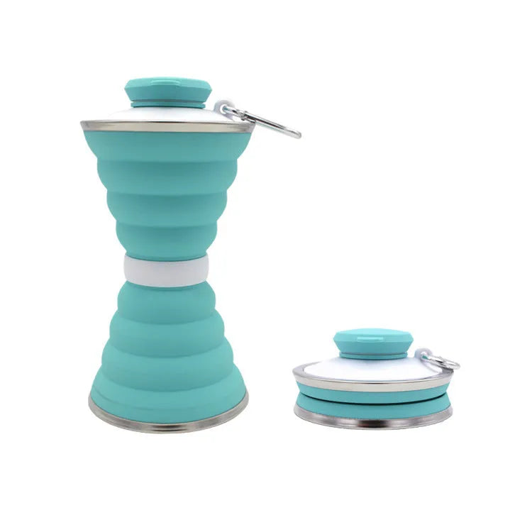 500ml collapsible silicone travel cup shown folded and unfolded with hanging rope and stainless steel rim