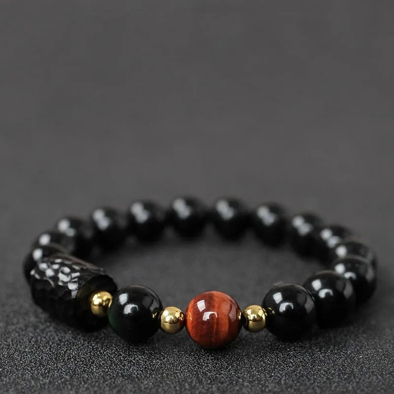 Handmade obsidian bracelet with red and yellow tiger eye stone beads