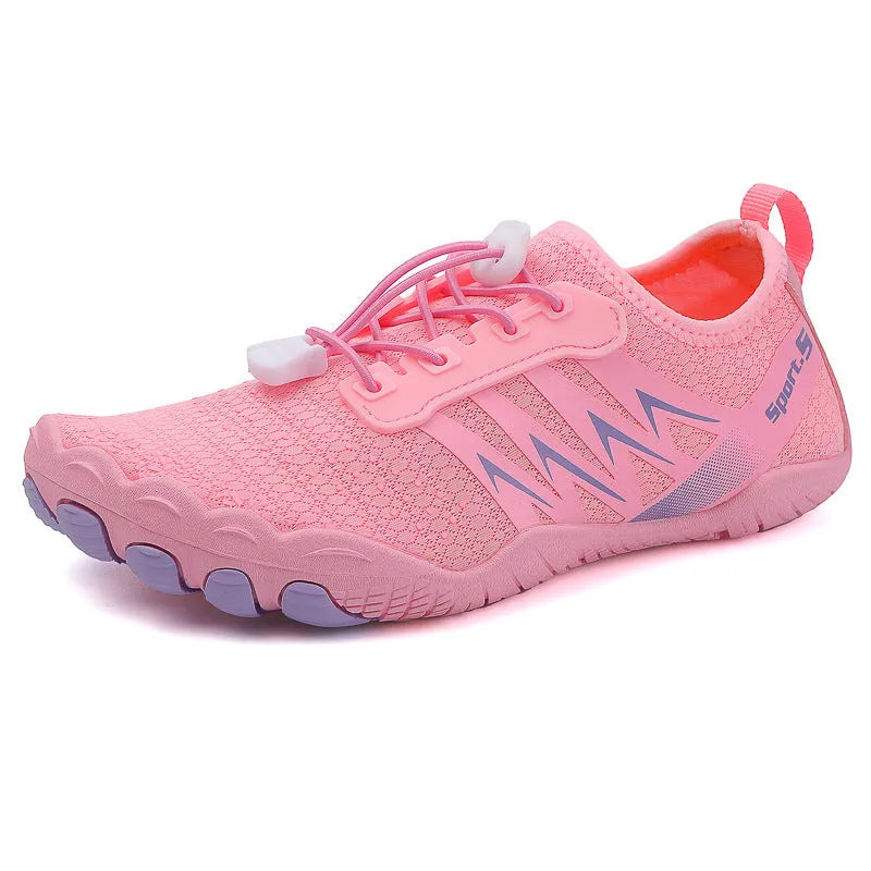 Quick-drying river tracing shoes in apricot colour with mesh upper and rubber sole.