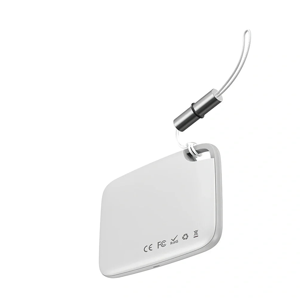 White Bluetooth mini anti-lost pager device, 37x25x6mm size, 5g weight with key attachment loop