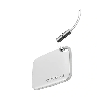 White Bluetooth mini anti-lost pager device, 37x25x6mm size, 5g weight with key attachment loop