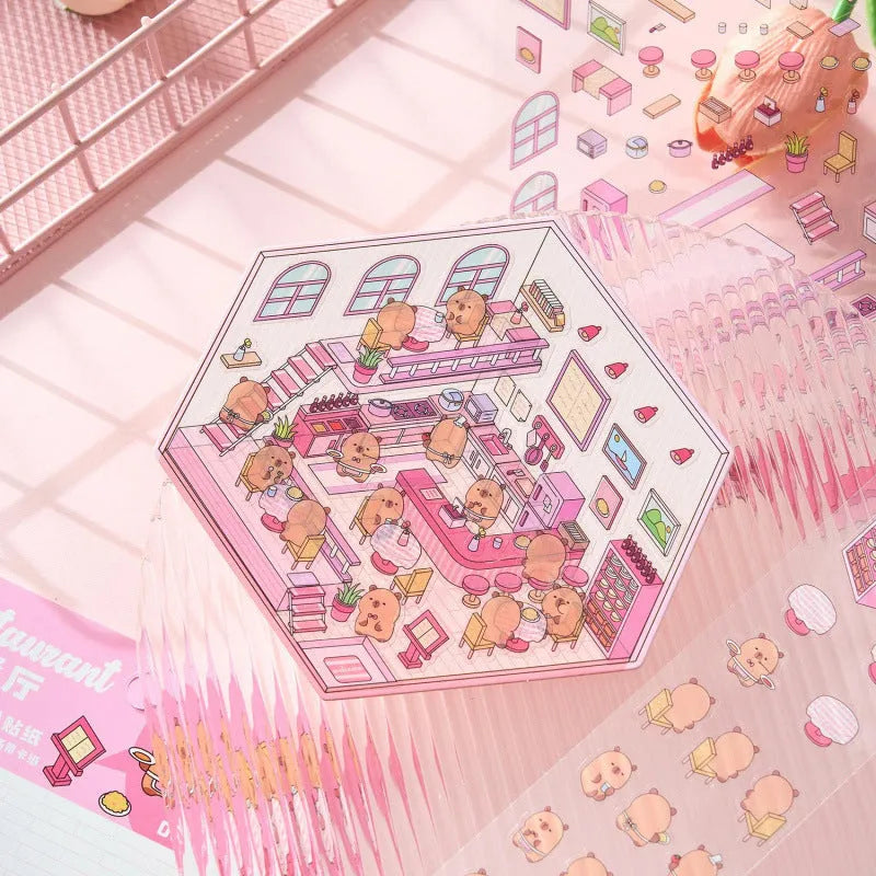 Set of eight Capabala 3D cartoon shop stickers including bakery, flower shop, and bookstore designs.
