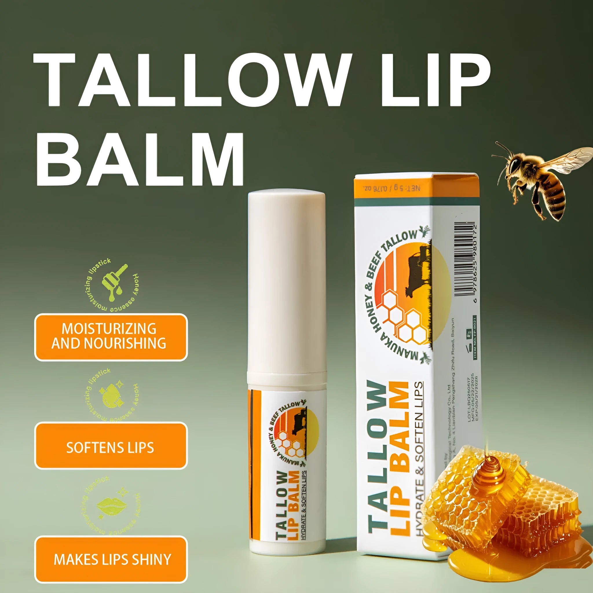 Refillable tallow lip balm stick in tin container showing 83mm length