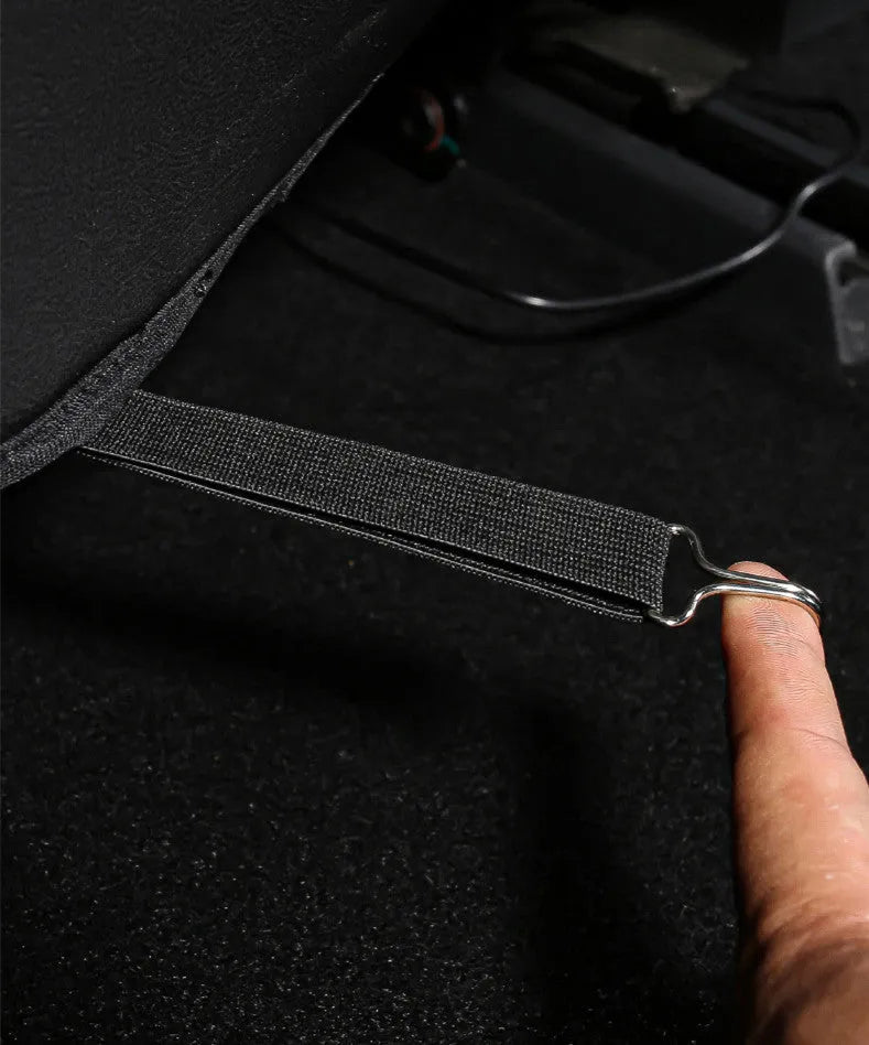 Black leather motorcycle seat anti kick pads showing dimensions and single pocket design