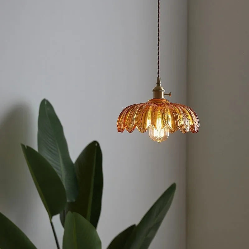 Brass glass chandelier with amber-yellow glass shades, 26CM diameter