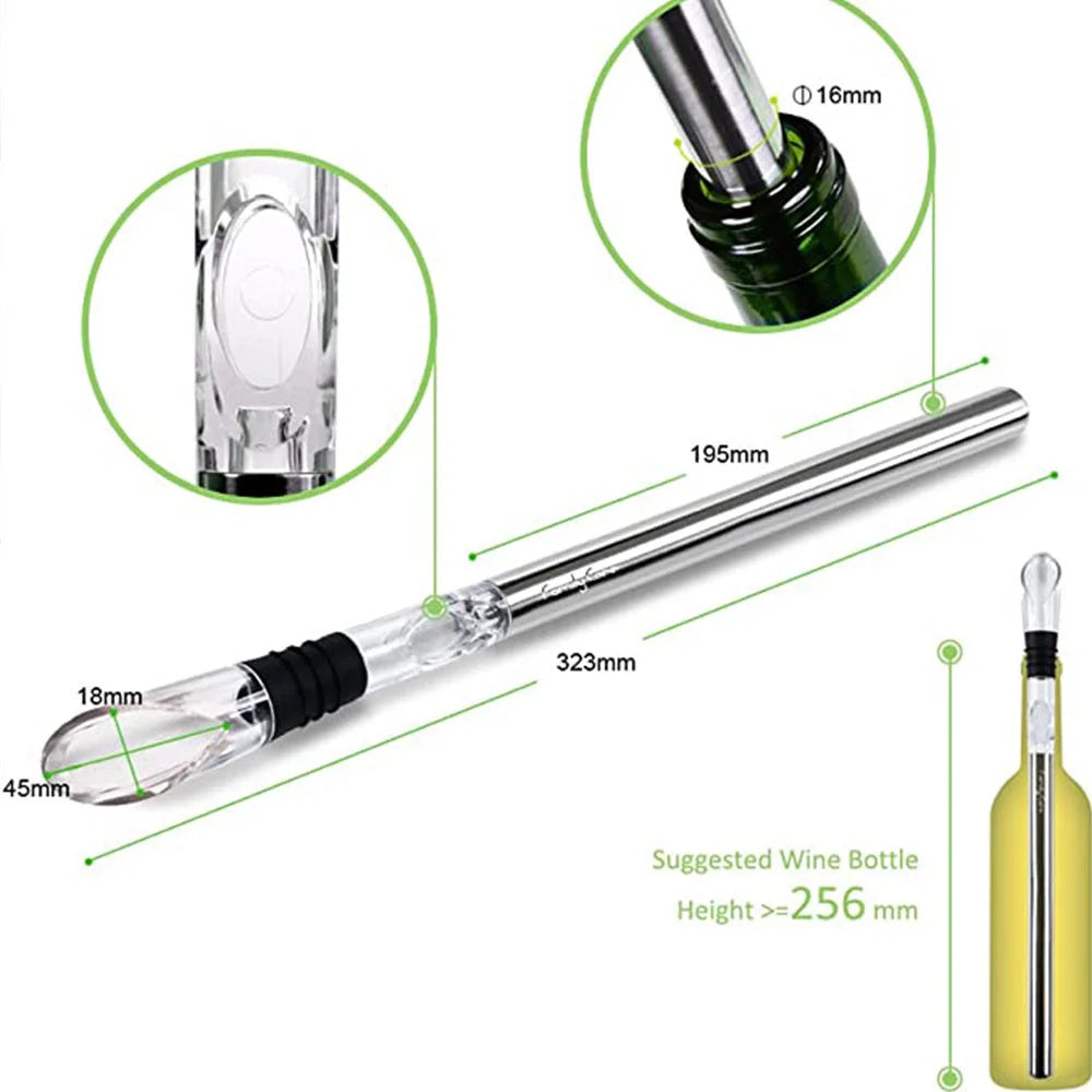 Stainless steel wine chilling rod with leakproof pourer