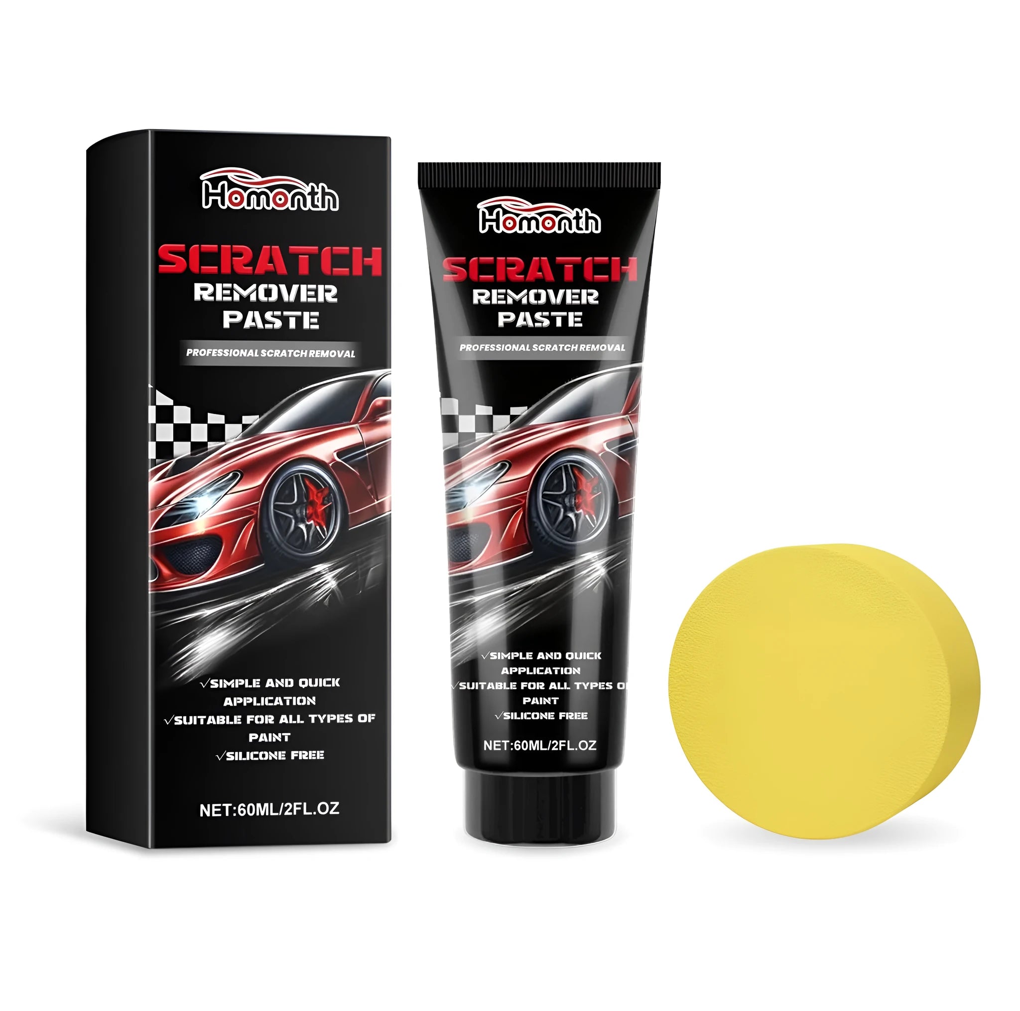 White polyethylene bottle of car scratch remover paste with square polishing sponge for vehicle paint correction