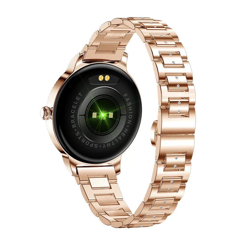 AK38 ladies smart watch with stainless steel band on wrist, showing colour screen.