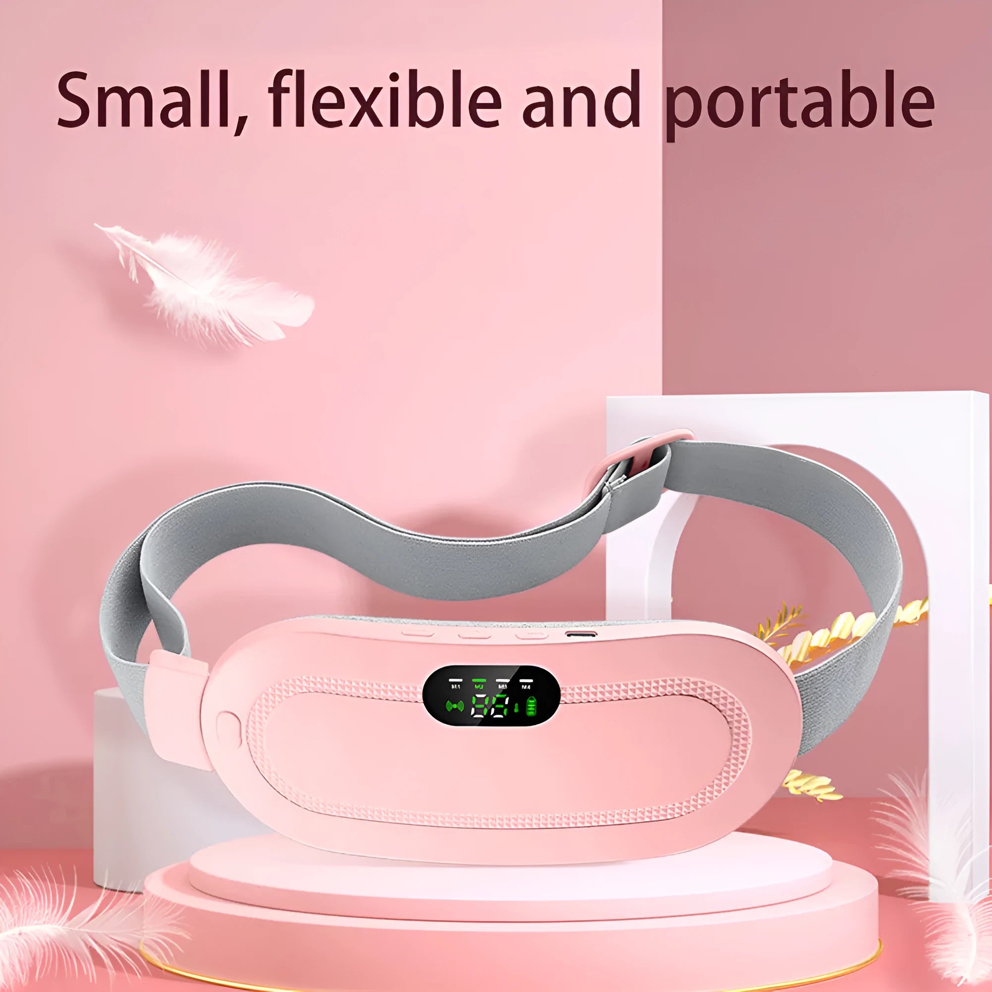 Pink electric heating and massage belt for waist and abdominal pain relief with digital controller.