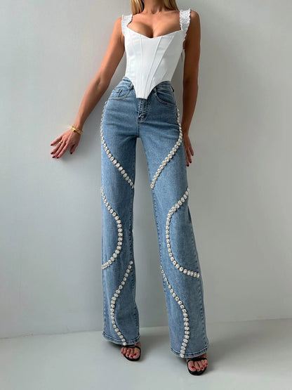 Women's loose straight leg jeans with rhinestone denim design in blue