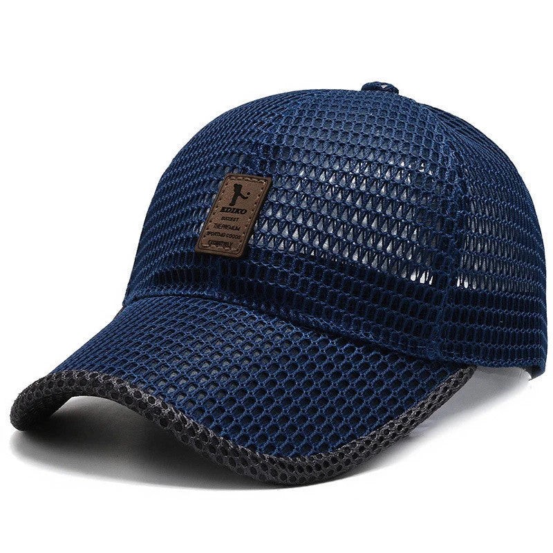 Men's quick-drying mesh baseball cap in black, blue, grey, and dark grey for sun protection