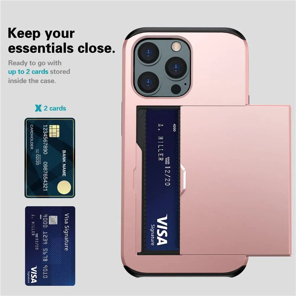 Matte mobile phone case with a sliding card cover open, showing card slots, for iPhone.