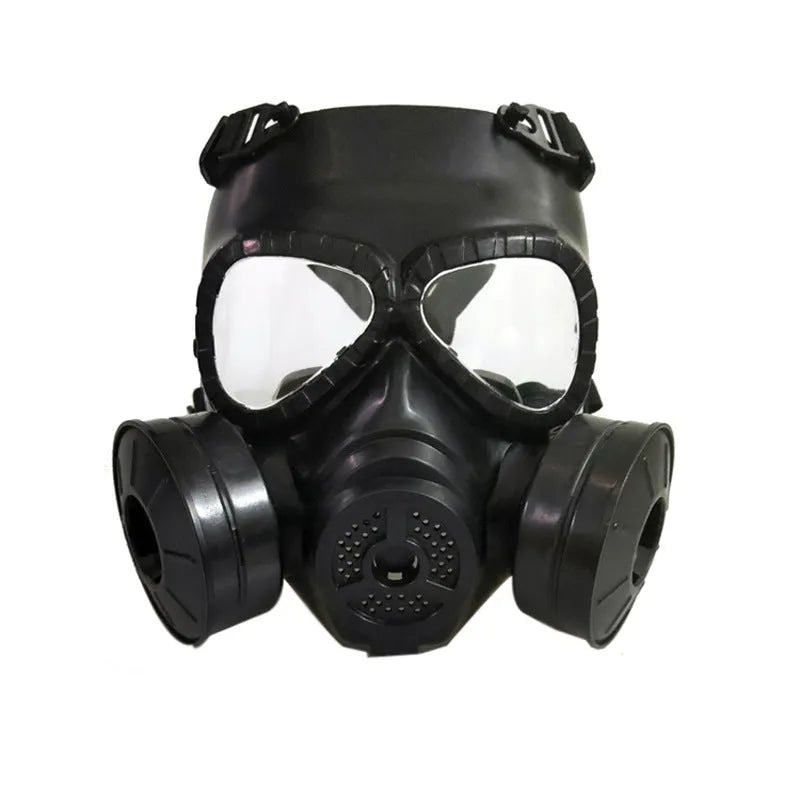 Outdoor twin fan head-mounted mask in black with transparent lens from Real-life Field Equipment