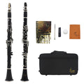 Black Bakelite clarinet with nickel-plated keys showing 67cm length and included carry bag