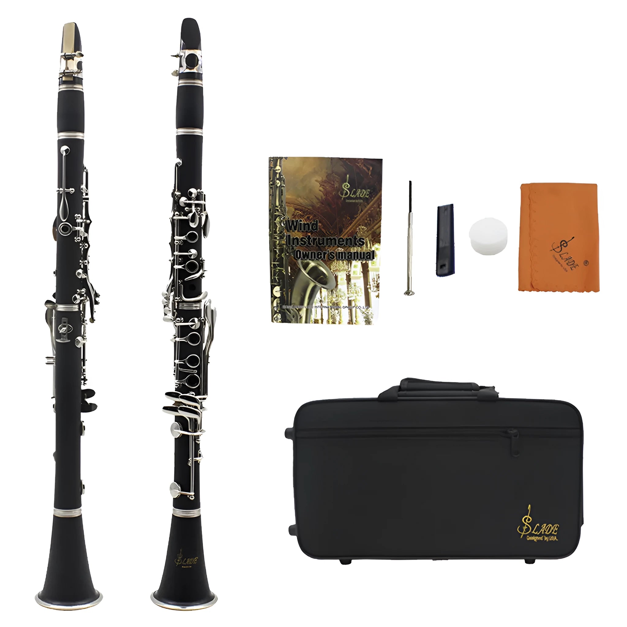 Black Bakelite clarinet with nickel-plated keys showing 67cm length and included carry bag