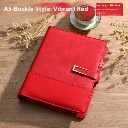A5 soft PU leather business notebook in choice of five colours, shown with wood-free paper pages and optional gift box.