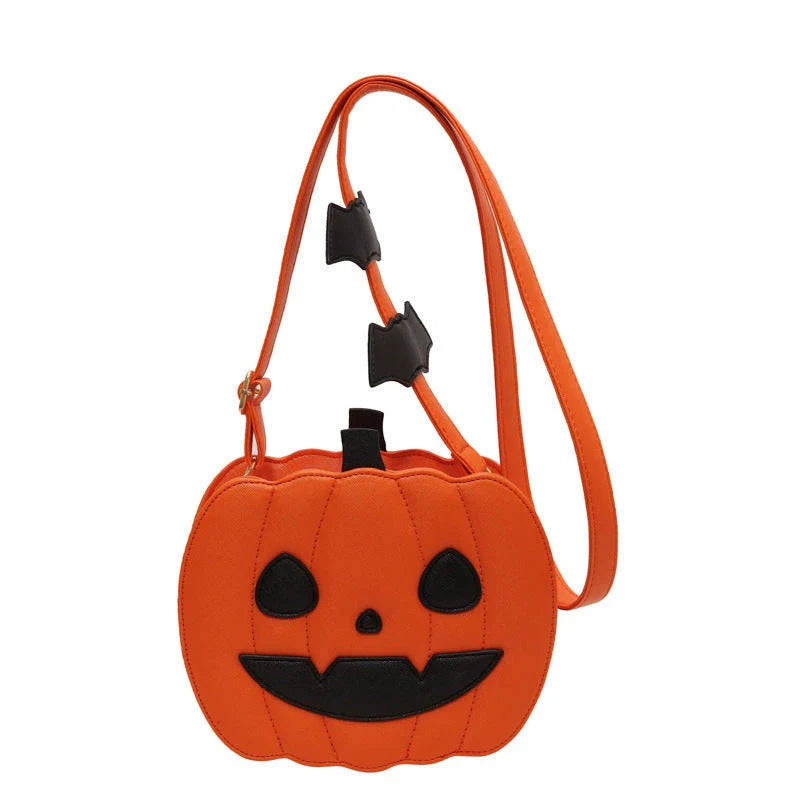 Stylish pumpkin cartoon shoulder bag with adjustable strap and vibrant color options for Halloween fashion