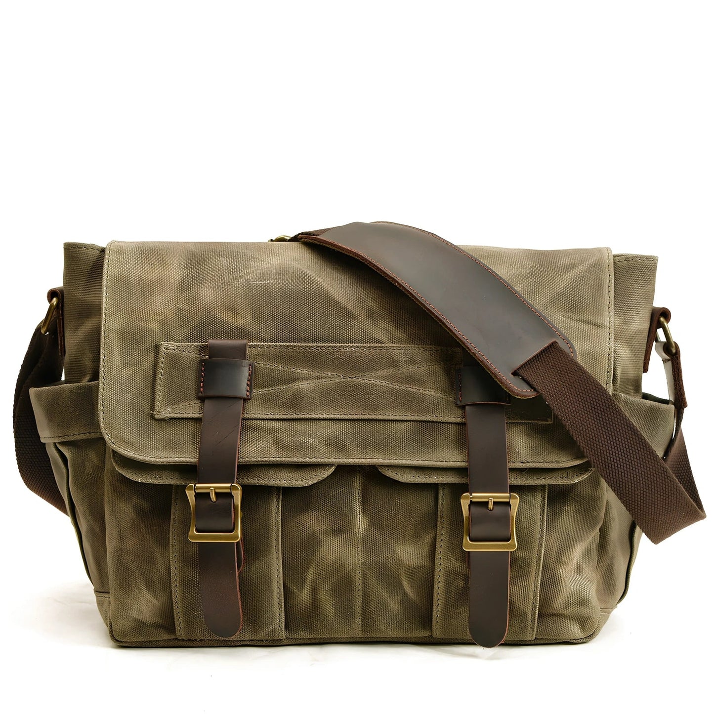 Retro men's canvas shoulder messenger bag in black, waterproof with internal pockets for laptop and phone, medium square size