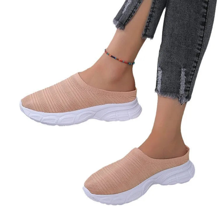 Women's casual mesh wedge heel slippers in gray, round toe, slip-on style with rubber sole