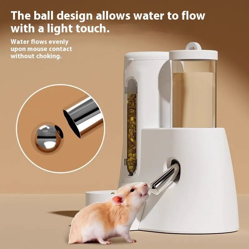 White automatic drinking water feeder and food bowl for a Djungarian hamster in a cage.