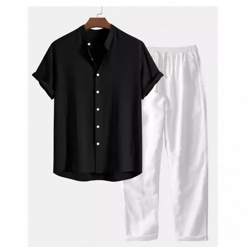 Men's loose fit casual short sleeve shirt and trousers set in linen-style fabric.