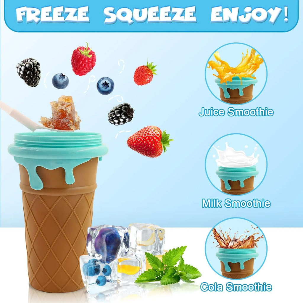 Blue silicone slushy maker cup with 500ml capacity for homemade smoothies