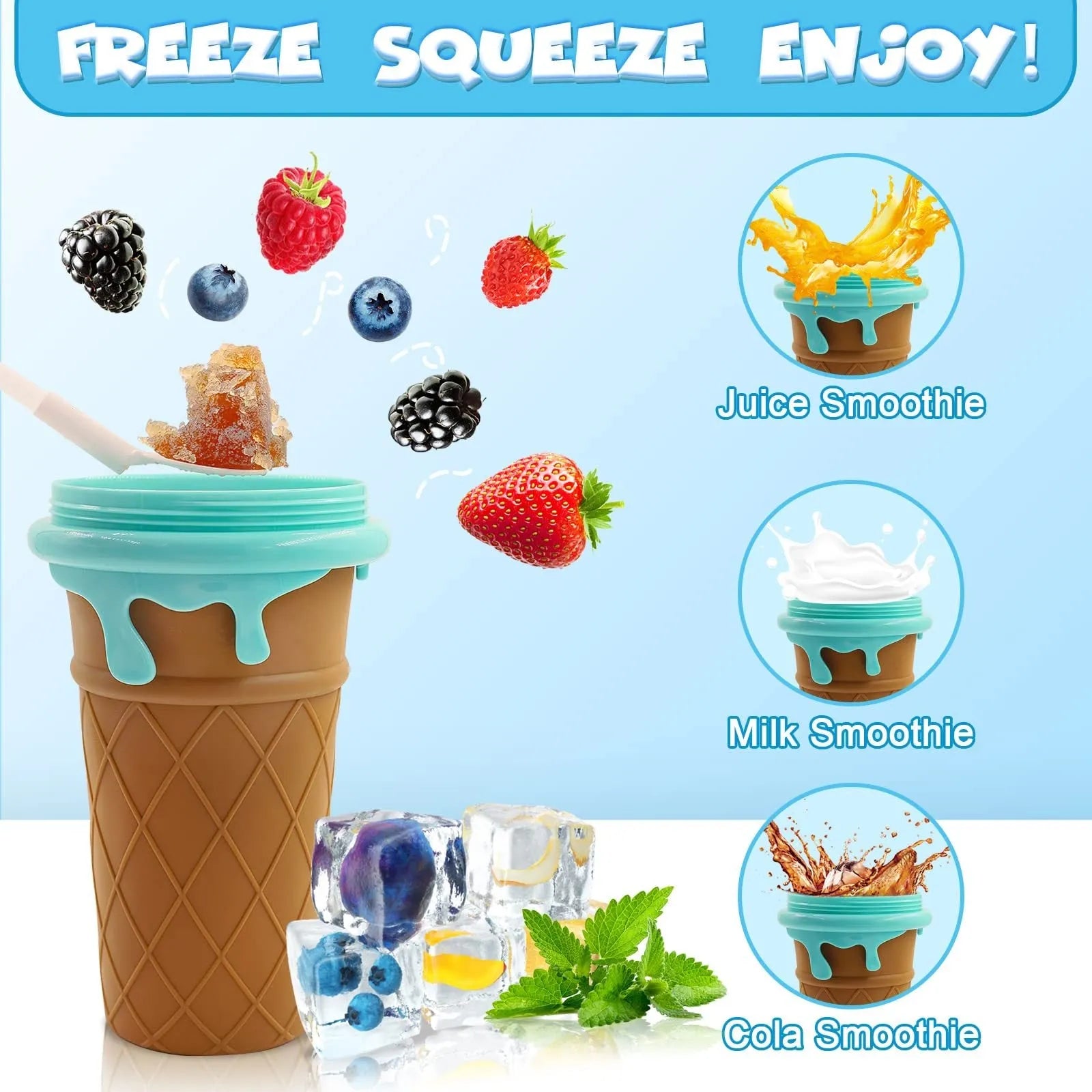 Blue silicone slushy maker cup with 500ml capacity for homemade smoothies