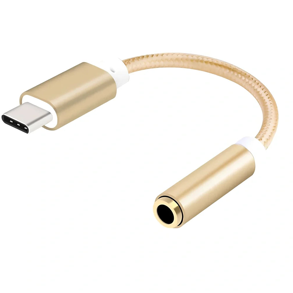 Black woven Type-C to 3.5mm audio adapter cable, 12cm length, 5g weight for mobile headphone connection