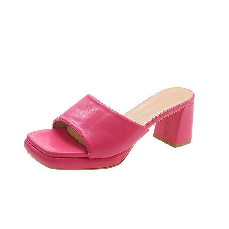 Women's square toe open toe slippers with chunky heel in solid colour PU upper