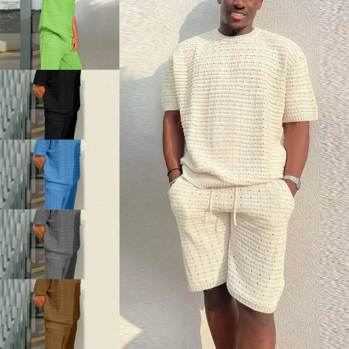 Men's casual summer outfit featuring a loose-fitting polyester shirt and matching shorts in various colors