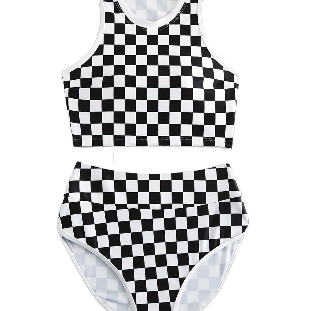 Women's black and white chessboard plaid racing one-piece swimsuit with a suspender backless design.
