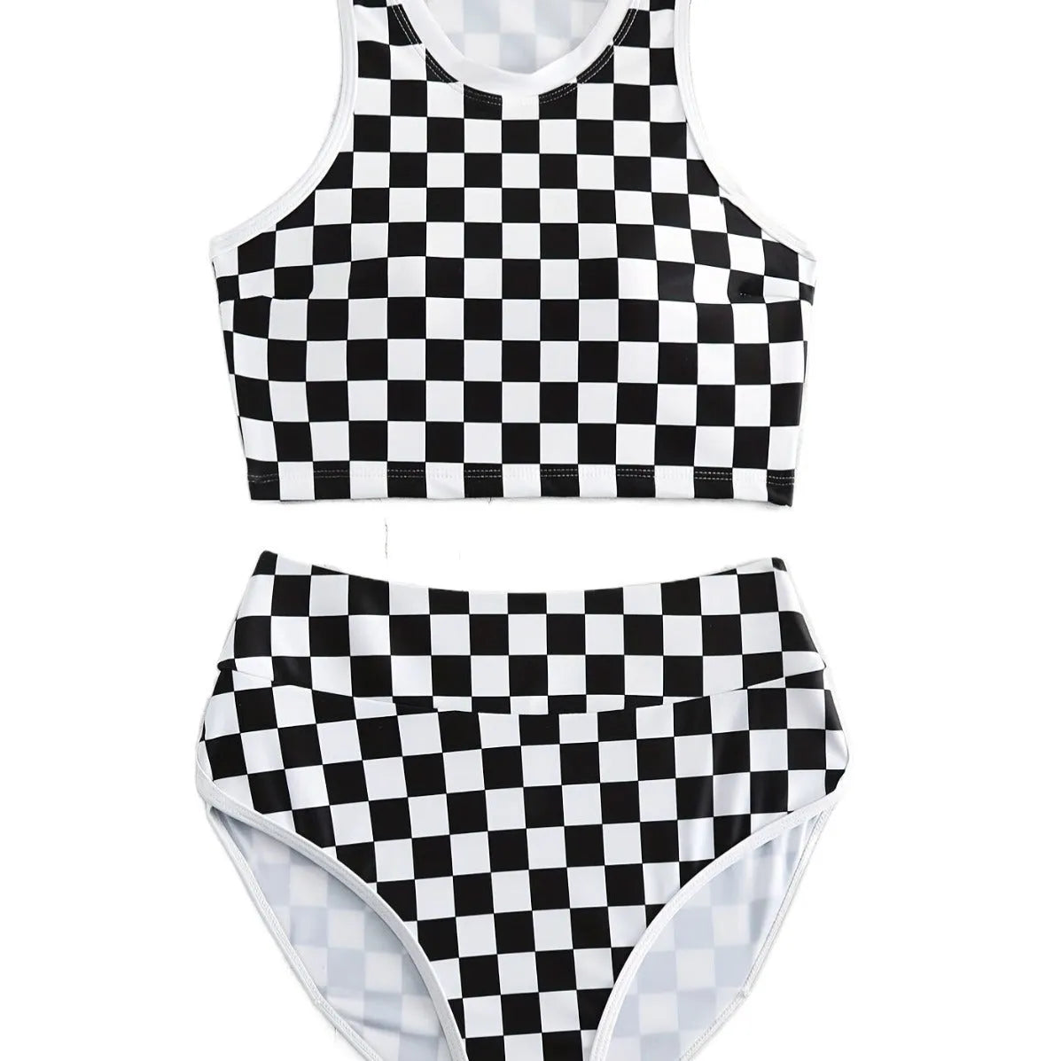Women's black and white chessboard plaid racing one-piece swimsuit with a suspender backless design.