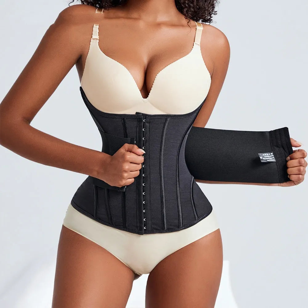 Black nylon waist training slimming belt laid flat, showing adjustable strap.