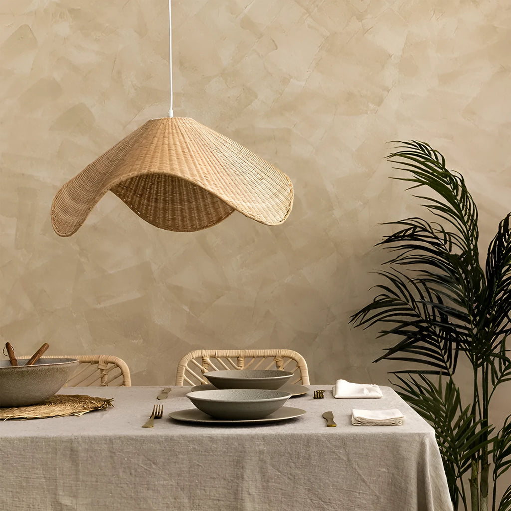 Handmade bamboo and straw rattan chandelier with warm LED light in natural woven design