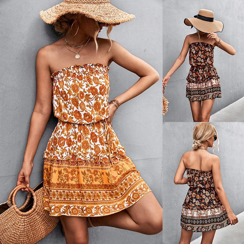 Women's bohemian floral print strapless dress for summer beach wear in black and orange