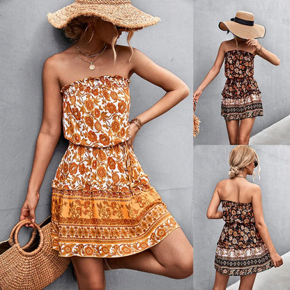 Women's bohemian floral print strapless dress for summer beach wear in black and orange