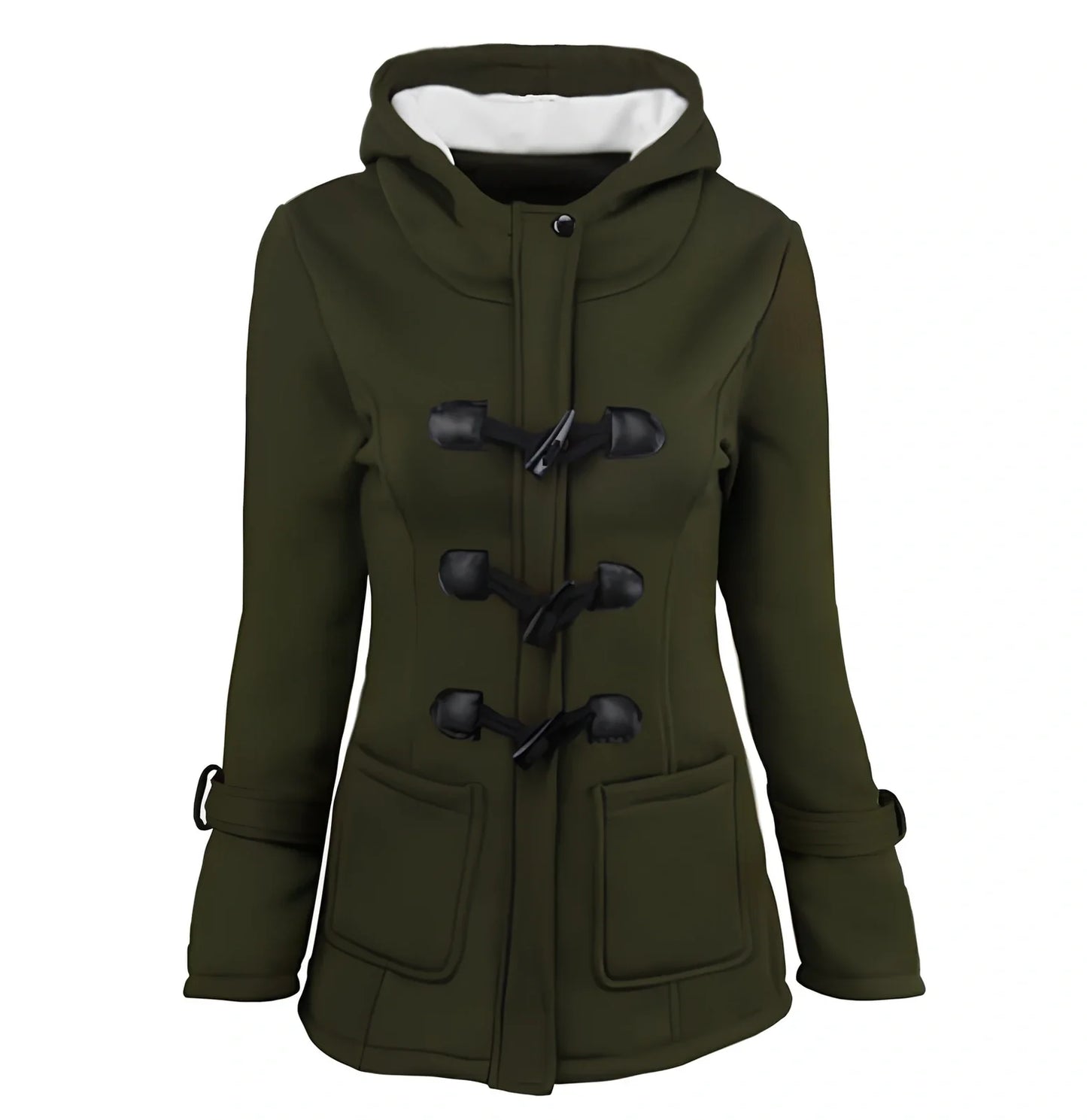 Women's green long down parka with fur collar, horn buttons, and hood - medium 65-80cm length, slim fit for winter