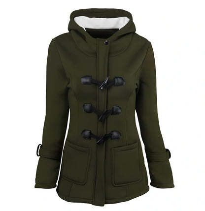 Women's green long down parka with fur collar, horn buttons, and hood - medium 65-80cm length, slim fit for winter