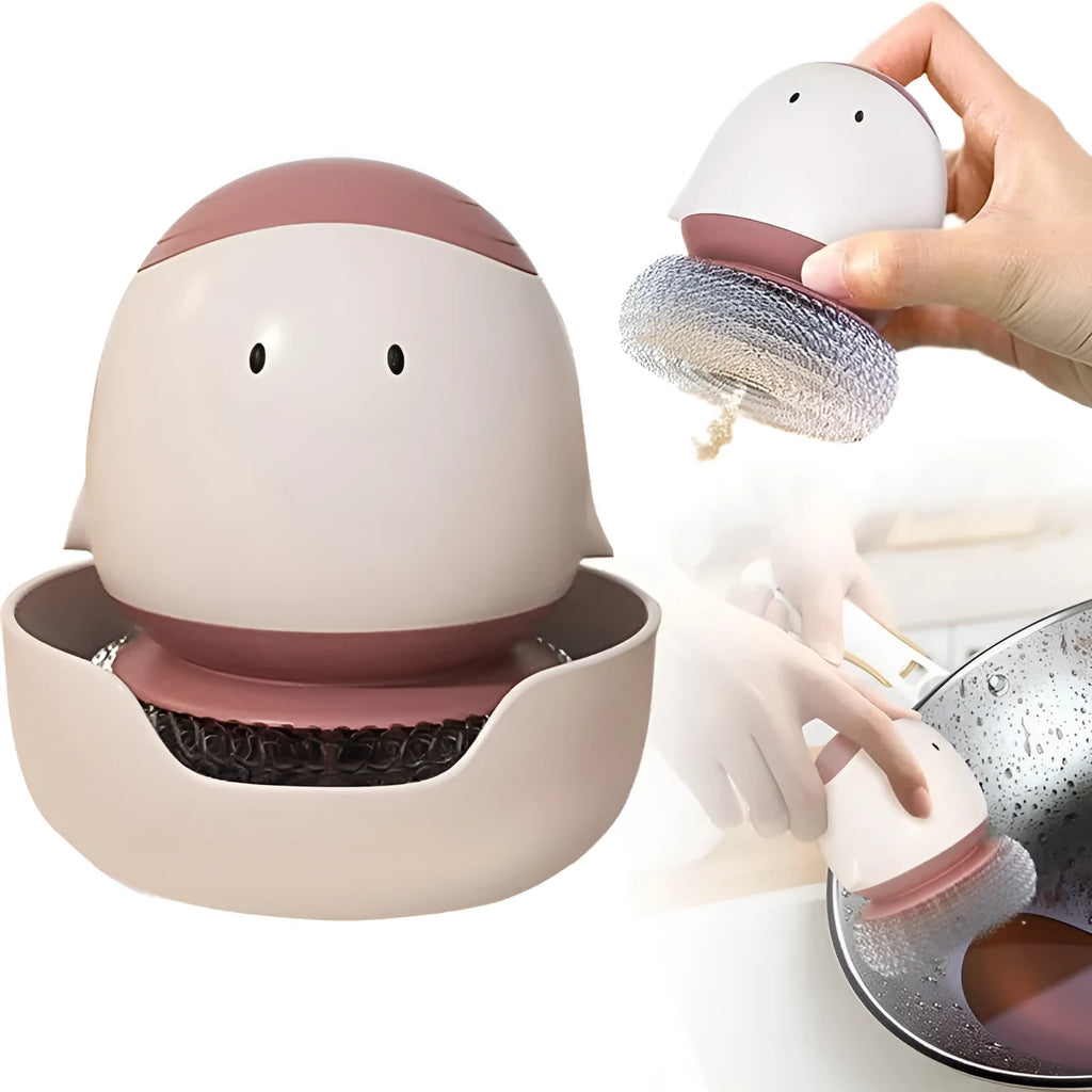 Automatic liquid filling dish brush in cute chicken shape with replaceable brush head in Bean Red