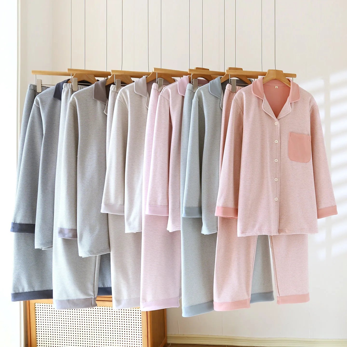 Simple casual loose long-sleeve pants homewear set in spandex for women, available in multiple colours and sizes