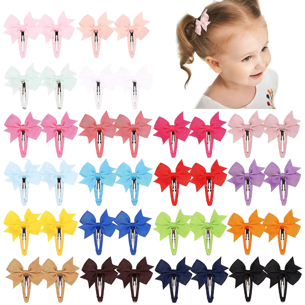 40 piece set of grosgrain ribbon baby hair bows with snap clips in multiple colours