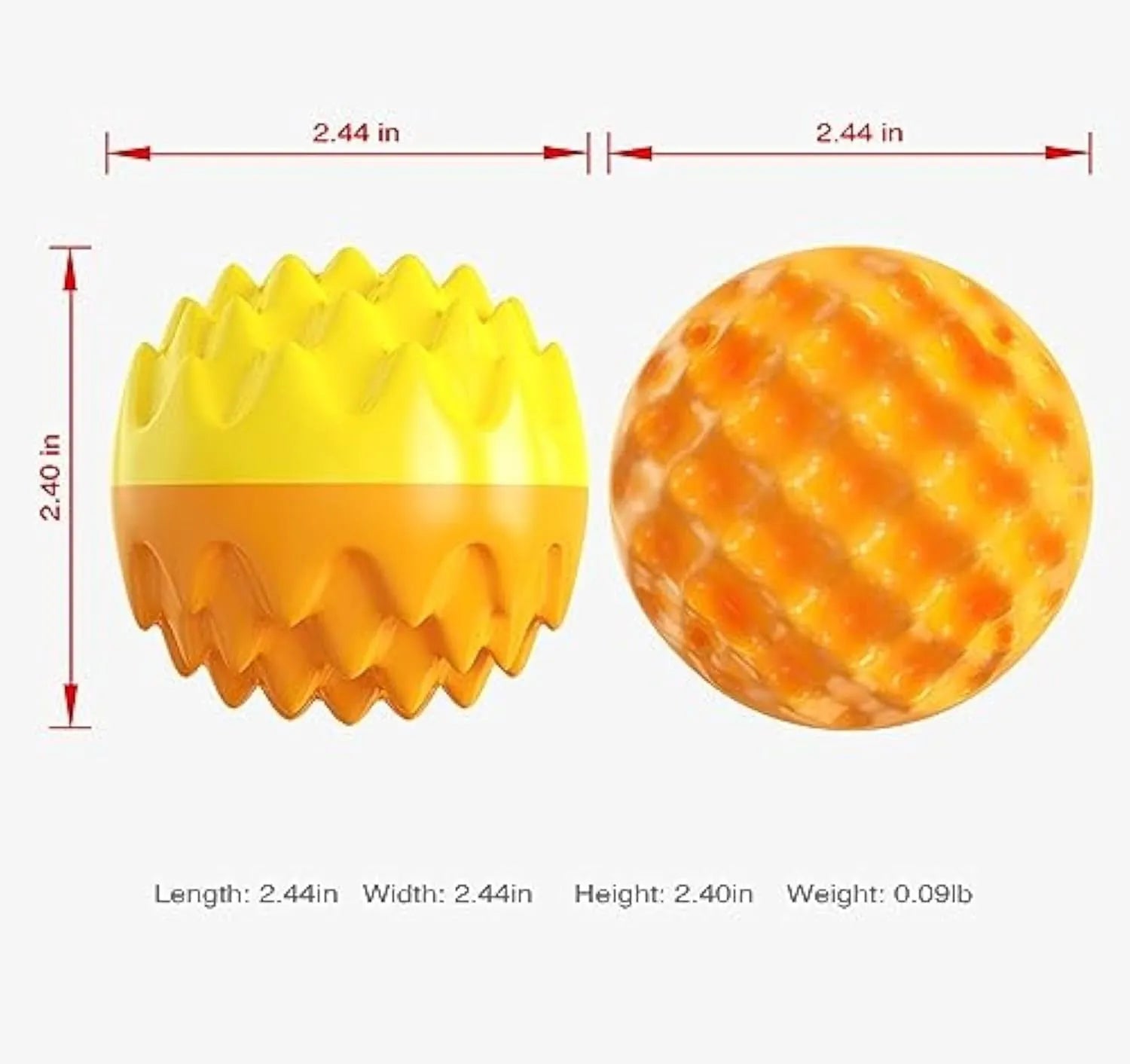 Blue and orange squeaky rubber dog ball with spiky dental cleaning texture