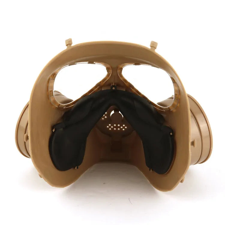 Outdoor twin fan head-mounted mask in black with transparent lens from Real-life Field Equipment