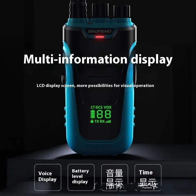 Red and yellow high-power handheld intercom with USB charging port.