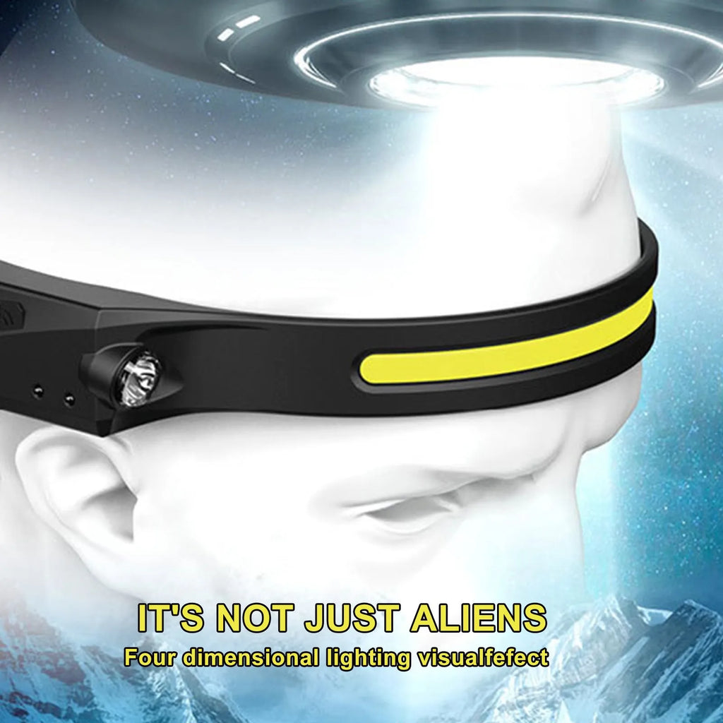 Black silicone USB-rechargeable headlamp with a wide COB LED lens and a side wave sensor.