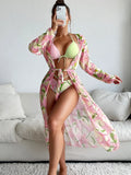 Women's printed bikini swimsuit top and bottom set on a neutral background.