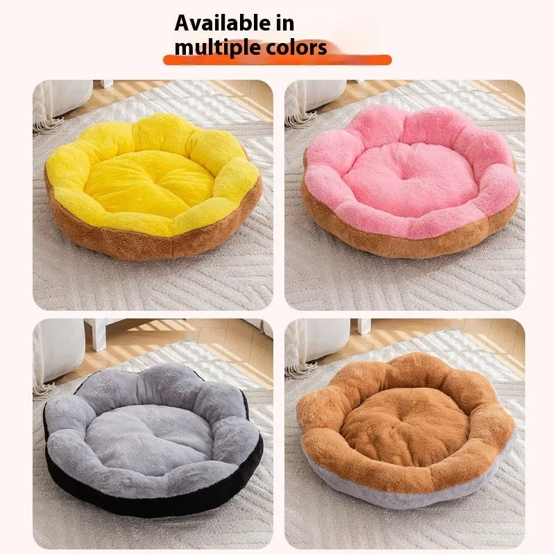 A thick round rabbit plush pet bed in a soft colour, shown detached for washing.