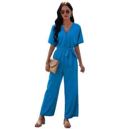 Women's V-neck tie waist jumpsuit in black, dark red, and sky blue