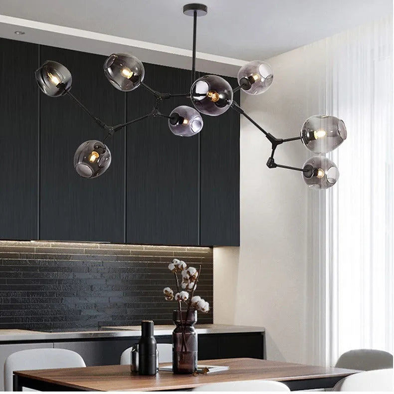 Nordic branch ceiling lamp with iron frame and glass shades in Black Transparent finish